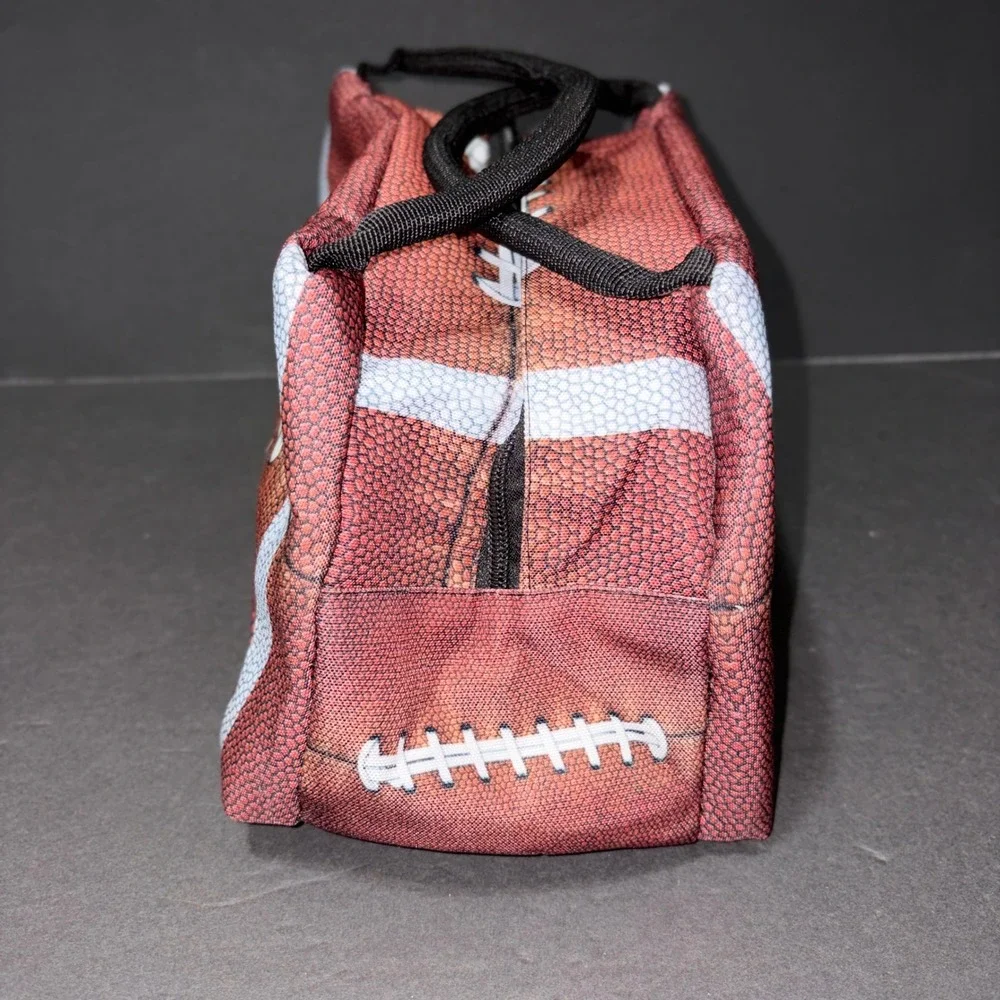 Football Print Insulated Lunch Bag Brown Sports Tailgate Cooler Zippered Case